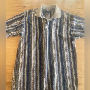 Larry Mize Golf Striped‎ Short Sleeve Polo Tan Blue Men’s Medium preloved